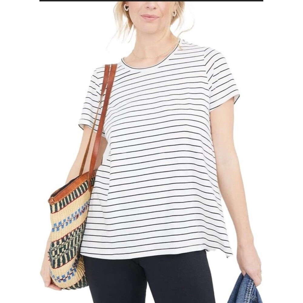 Hatch Maternity Black White Striped Luxe Nursing Short Sleeve Shirt Sz 2 (M)